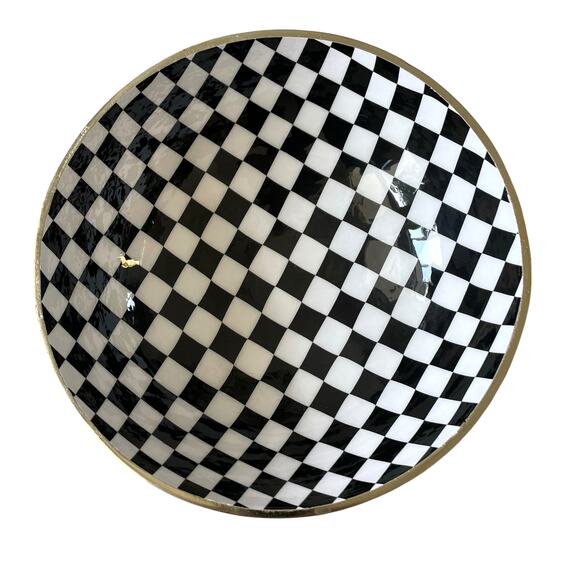 Black & White Checkered Enameled Gold Metal Bowl 10" Made in India NEW - Picture 3 of 16